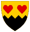 Per fess dancetty Or and Sable, two hearts Gules